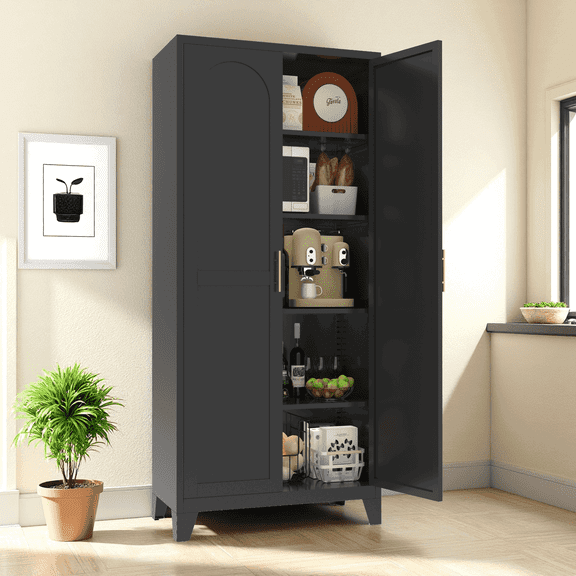 Spaco 71'' 2 Shapely Doors Cabinet, Metal Storage Cabinet with Doors and Adjustable Shelves for Indoor as Livingroom, Bedroom, Black