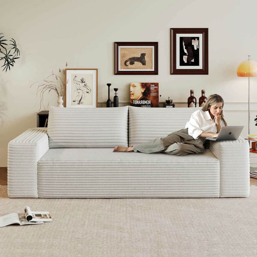 Yardi Yarda 71" 3-Seater Sofa, Deep Seat Couches, Compressed Sofa, Comfy Corduroy Fabric Loveseat Sofa for Indoor, No Assembly, White