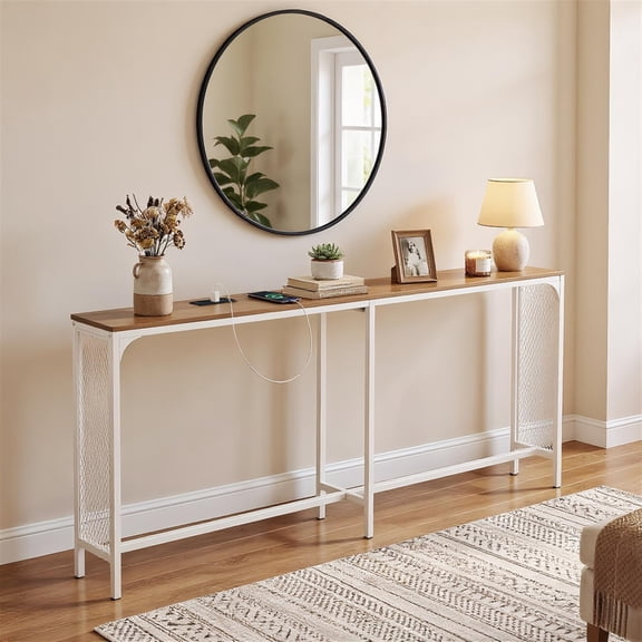 Spaco 71 Inch Slim Console Table with Charging Station 2 AC Outlets USB Type-C Ports Extra Crossbars Triangular Metal Reinforcements 3 Anti-Tilt Kits Compact Space, Natural