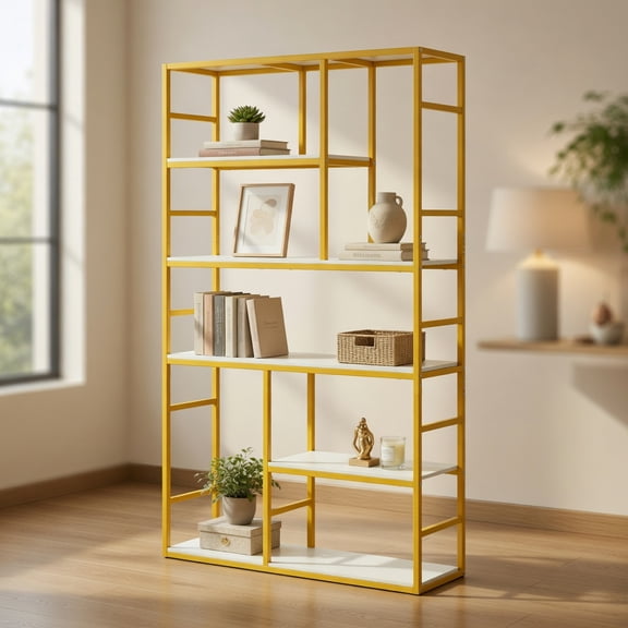 Spaco 71 Inch Tall 5-Tier Geometry Bookshelf White Gold Metal Frame Anti-Tipping Anti-Slip Pads Storage Display Shelf for Living Room Office, White & Golden