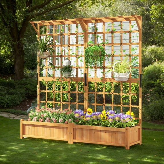 Spaco 71 Inches Large Wooden Planter Container, Raised Garden Bed with Trellis and Hanging Roof for Patio, Garden, Backyard, Orange