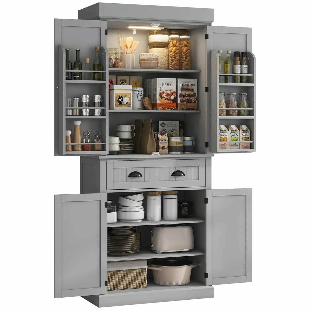 Spaco 71" Kitchen Pantry Cabinet with LED Lights, Storage Cabinet with 6 Door Shelves, A Drawer and 4 Adjustable Shelves, Gray