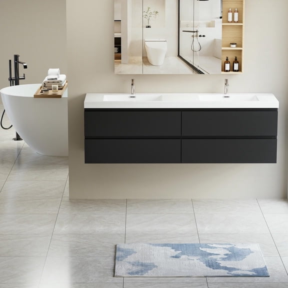 Spaco 72" Floating Bathroom Vanity with Sink, Modern Wall-Mounted Bathroom Storage Vanity Cabinet with 2 Resin Top Basin and 4 Soft Close Drawers, Black