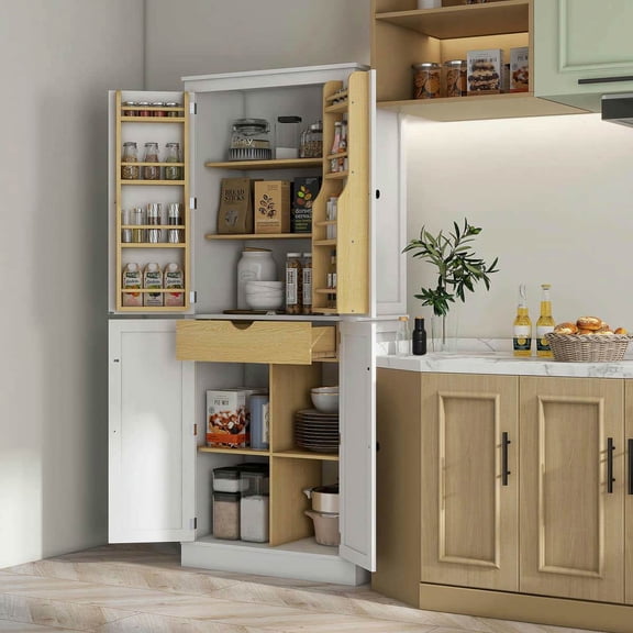 Spaco 72" Kitchen Pantry Storage Cabinet with 8 Spice Racks, Modern Tall Kitchen Cabinet with 5-tier Storage Shelving for Indoor as Living Room, Kitchen, White