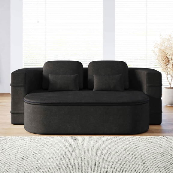 Spaco 75'' 2-in-1 Foldable Sofa Bed with Multi Functional Blanket, Chenille Compressed Sofa, Floor Sofa Bed, Convertible Sleeper, Floor Sofa Lounge Sofa for Indoor, Black