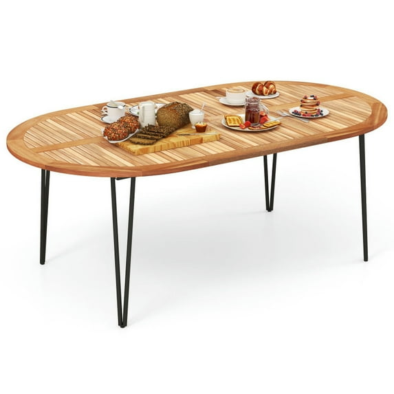 Spaco 79 Inch Oval Patio Dining Table, Outdoor Dining Table with Umbrella Hole and Acacia Wood Tabletop for 8 People, Dining Table for Outdoor as Garden, Patio, Natural