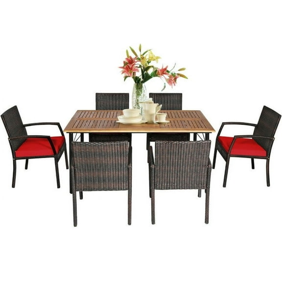 Spaco 7Pcs Patio Rattan Cushioned Dining Set with Umbrella Hole-Red, Furniture Conversation Sets, Coffee Table for Garden, Poolside, Backyard
