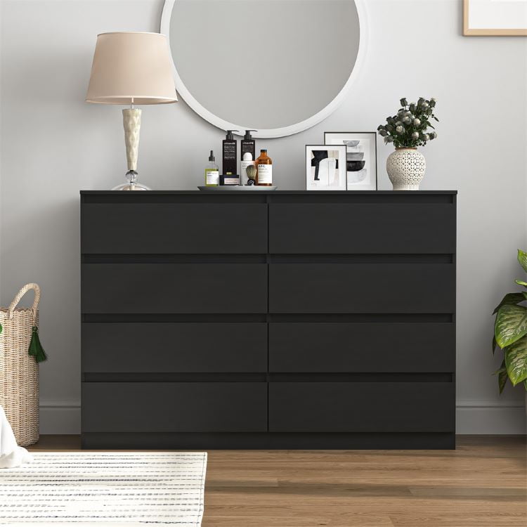 Spaco 8 Chest of Drawers, Multipurpose Minimalist Style 8 Drawer Dresser, Wooden Dressers for Bedroom, Living Room, Hallway, Black Spaco 8 Chest of Drawers, Multipurpose Minimalist Style 8 Drawer Dresser, Wooden Dressers for Bedroom, Living Room, Hallway, Black