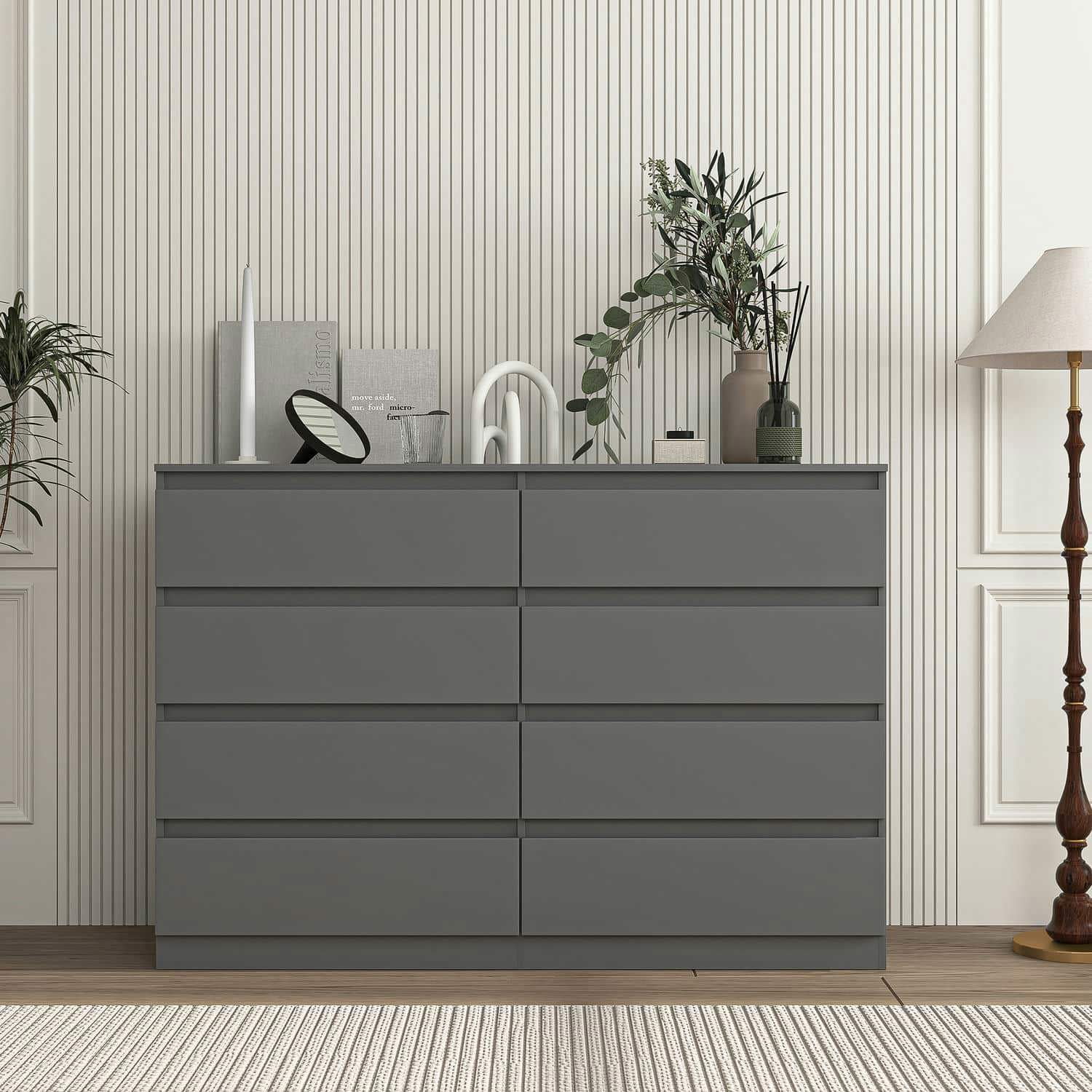 Spaco 8 Chest of Drawers, Multipurpose Minimalist Style 8 Drawer Dresser, Wooden Dressers for Bedroom, Living Room, Hallway, Gray Spaco 8 Chest of Drawers, Multipurpose Minimalist Style 8 Drawer Dresser, Wooden Dressers for Bedroom, Living Room, Hallway, Gray