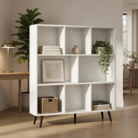 Spaco 8-Cube Bookcase - 5 Tapered Metal Legs Anti-Tip, Easy-Clean Surface, White