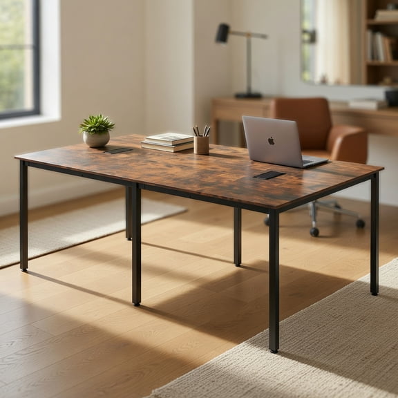 Spaco 8 FT Big Meeting Table for 10 Persons Heavy Metal Frame Adjustable Feet Cable Ports Strong Support Legs Office Conference Desk, Rustic Brown (Chairs Not Included)