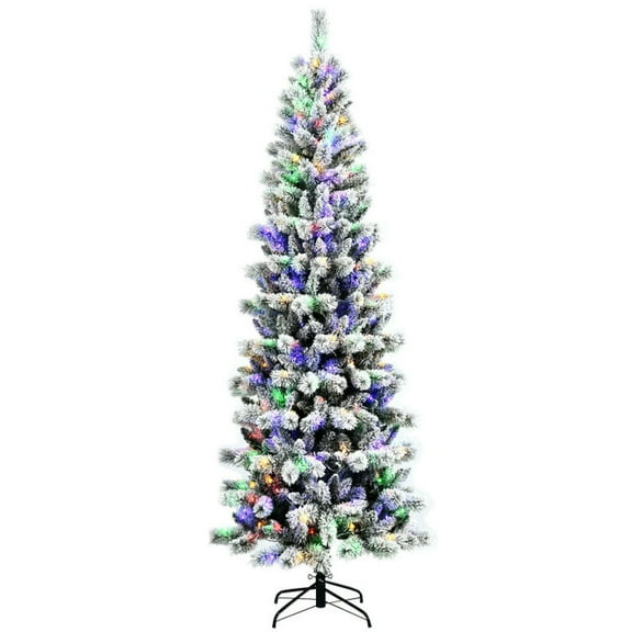 Spaco 8 Feet Hinged Christmas Tree with Remote Control, Pre-Lit Hinged Christmas Tree Snow Flocked, Artificial Christmas Tree for Indoor as Living Room, White