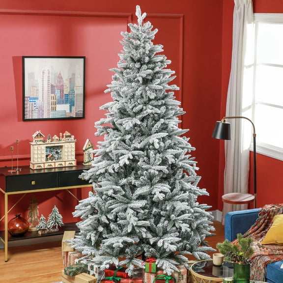 Spaco 8 Feet Snow Flocked Artificial Christmas Tree with 2003 Tips, Christmas Tree with Foldable Metal Stand, Hinged Xmas Tree for Holiday Decor, Green