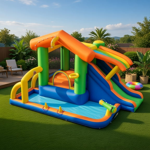 Spaco 8-In-1 Inflatable Bounce House, Climbing Wall, Slide, Basketball Hoop, No Blower, Multicolor