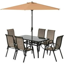 Spaco 8 Pieces Patio Furniture Set with 9 Ft Patio Umbrella, Dining Table and Chairs for Outdoor as Yard, Balcony, Porch, Light Brown