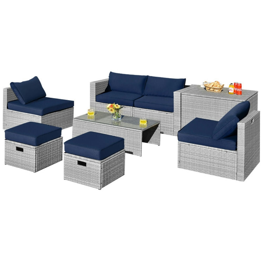 Navy and Gray PE Rattan 8-Piece Outdoor Patio Furniture Set