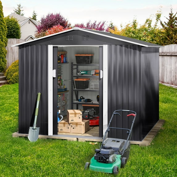 Resenkos 8' x 8' Outdoor Storage Shed, Metal Garden Shed with Double Sliding Doors, 4 Air Vents, Tool Storage House Shed for Yard, Patio, Lawn, Dark Grey, Outdoor Storage Cabinet, Storage Shed