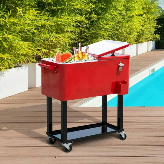 Spaco 80 QT Rolling Cooling Bins Ice Chest on Wheels, Rolling Cart, Stand Up Drink Cooler Cart for Outdoor as Patio, Picnic, Backyard, Red