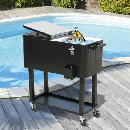 Spaco 80 QT Rolling Cooling Bins, Rolling Cart, Ice Chest on Wheels, Stand Up Drink Cooler Cart for Patio, Picnic, Backyard, Black