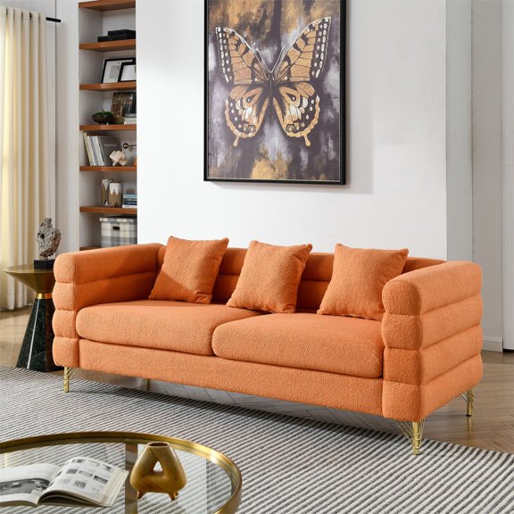 Spaco 81" Deep Seating Sectional Sofa, 3 Seater Comfort Teddy Fabric Couch, Soft Sitting with 3 Pillows for Living Room, Bedroom, Office, Orange