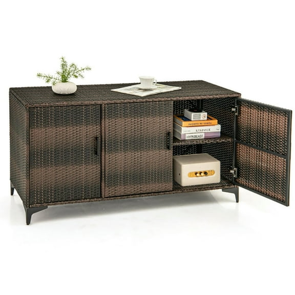 Spaco 84 Gallon Patio Wicker Deck Box, Multifunctional 3-Door PE Rattan Storage Container, Storage Box with Removable Shelves, Brown