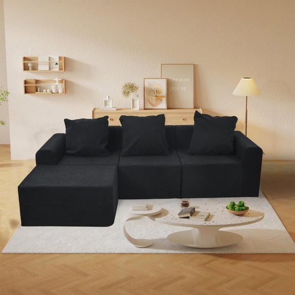 Spaco 85" Convertible Modular Sectional Sofa Set, Popular Microfiber Fabric Compression Couch for Living Room Bedroom, Black
