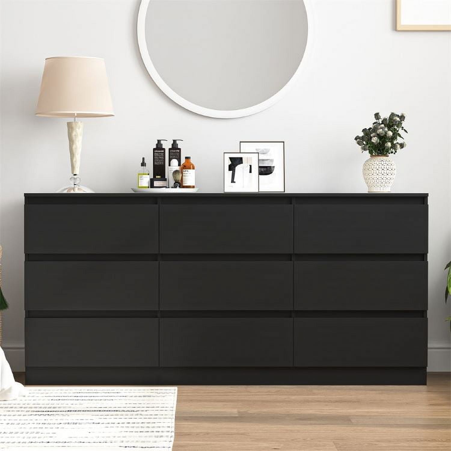 Spaco 9 Chest of Drawers, Multipurpose Minimalist Style 9 Drawer Dresser, Cabinet without Handle, Wooden Dressers for Bedroom, Living Room, Hallway, Black