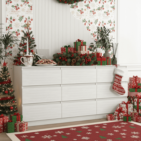 Spaco 9 Chest of Drawers, Multipurpose Minimalist Style 9 Drawer Dresser, Cabinet without Handle, Wooden Dressers for Bedroom, Living Room, Hallway, White