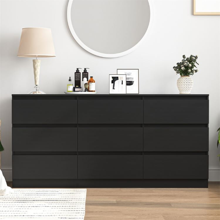 Spaco 9 Chest of Drawers, Multipurpose Minimalist Style 9 Drawer Dresser, Cabinet without Handle, Wooden Dressers for Bedroom, Living Room, Hallway, Black Spaco 9 Chest of Drawers, Multipurpose Minimalist Style 9 Drawer Dresser, Cabinet without Handle, Wooden Dressers for Bedroom, Living Room, Hallway, Black