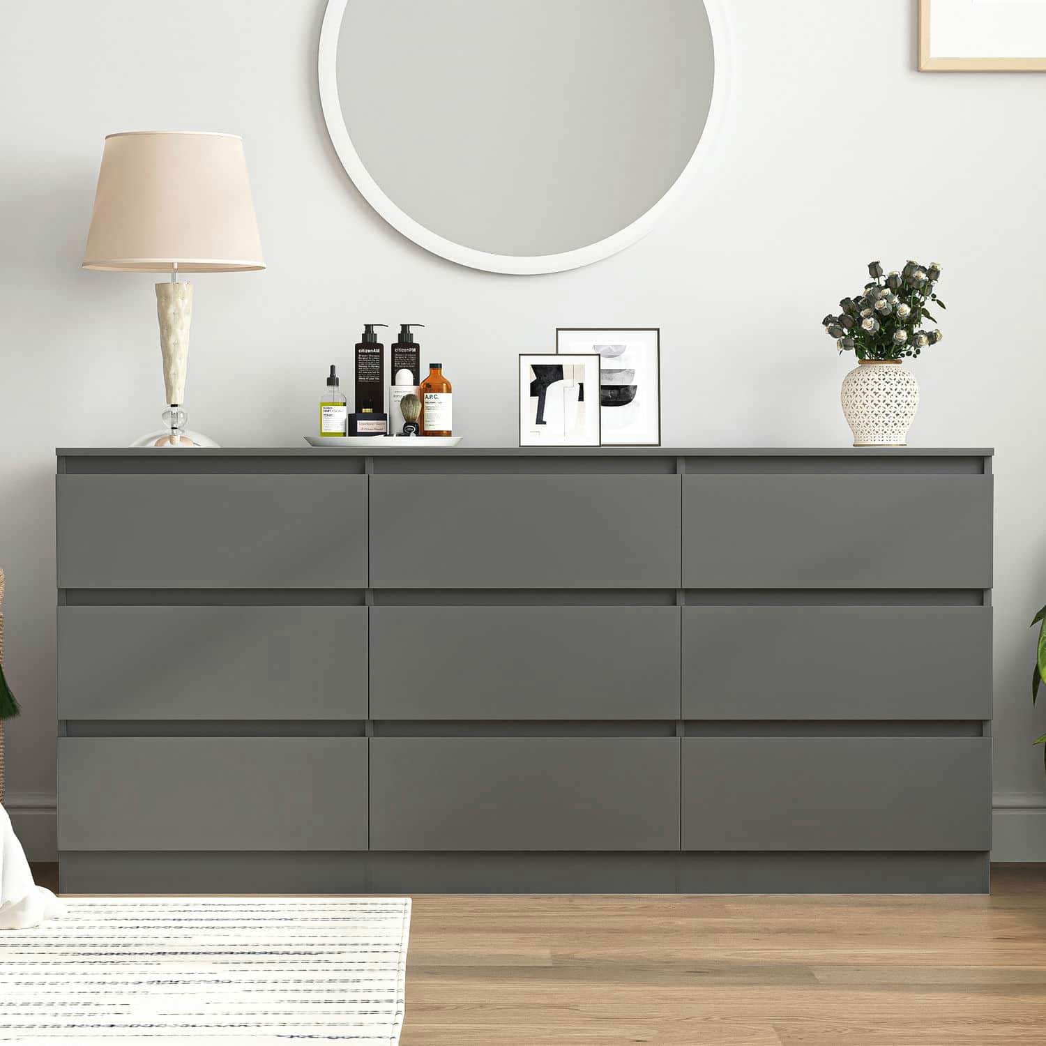 Spaco 9 Chest of Drawers, Multipurpose Minimalist Style 8 Drawer Dresser, Wooden Dressers for Bedroom, Living Room, Hallway, Gray Spaco 9 Chest of Drawers, Multipurpose Minimalist Style 8 Drawer Dresser, Wooden Dressers for Bedroom, Living Room, Hallway, Gray