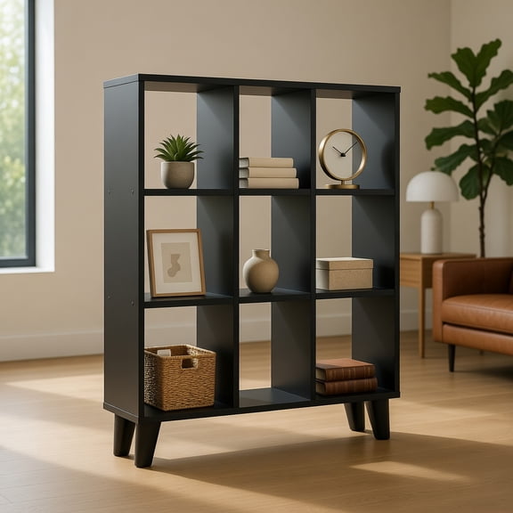 Spaco 9-Cube Bookcase - 6 Removable Shelves Raised Feet, Easy-Clean Home Storage, Black