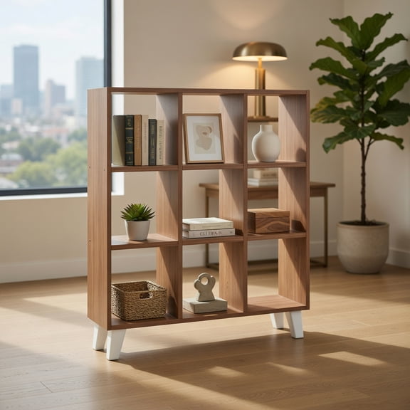 Spaco 9-Cube Bookcase with 6 Removable Shelves and Raised Support Feet-Brown, High Bookshelf, Display Storage Rack, Suitable for Home Offices