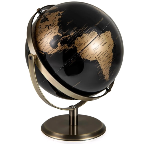 Spaco 9" Metallic Black Globe, Metal Stand, Time Zone Markings, Decorative, Gold