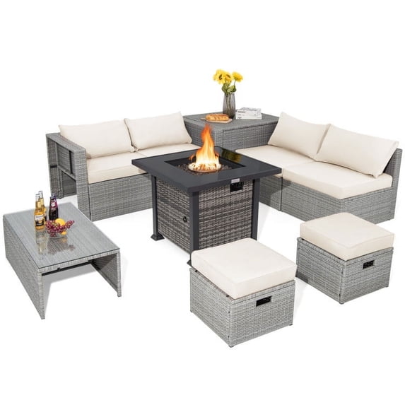 Spaco 9 Pieces Outdoor Patio Furniture Set with 32-Inch Propane Fire Pit Table-Off White, Wicker Furniture Conversation Sets, Coffee Table for Garden, Poolside, Backyard