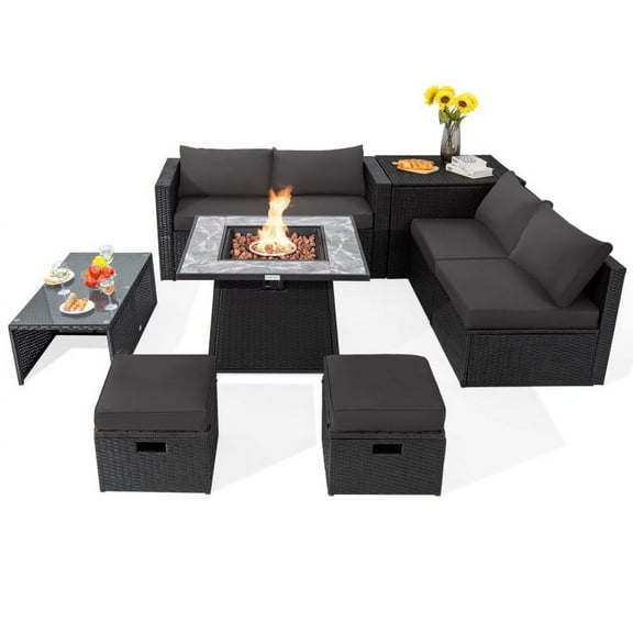 Spaco 9 Pieces Outdoor Wicker Sectional with 35 Inch Gas Fire Pit Table-Gray, Wicker Furniture Conversation Sets, Coffee Table for Garden, Poolside, Backyard