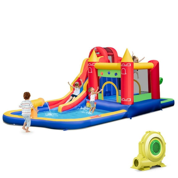 Spaco 9-in-1 Inflatable Bounce Castle with Water Slide and Splash Pool with 735W Blower, Jumping Family Backyard Bouncy Castle, Durable Sewn with Extra Thick Material, Idea for Kids