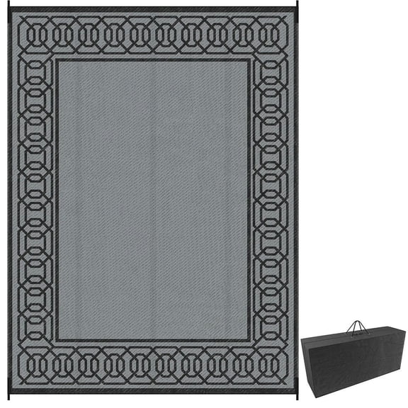 Spaco 9' x 12' Waterproof Plastic Straw Floor Mat, Reversible Outdoor Rug, Portable RV Camping Carpet, Large Floor Mat for Backyard, Deck, Picnic, Beach, Black & Gray Border