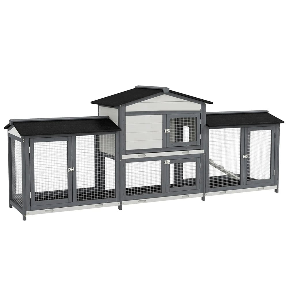 Spaco 90.5" Wooden Rabbit Hutch Bunny Cage Pet Playpen House Enclosure with Double Side Run Boxes, for Guinea Pig and Small Animals, Light Gray