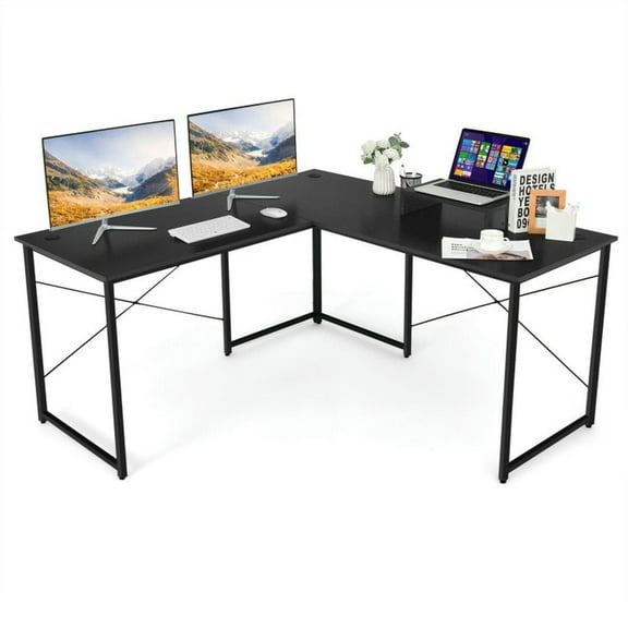 Spaco 95 Inch 2-Person L-Shaped Long Reversible Computer Desk with Monitor Stand-Black, Office Desk, Gaming Computer Desks for Study,Working,Writing