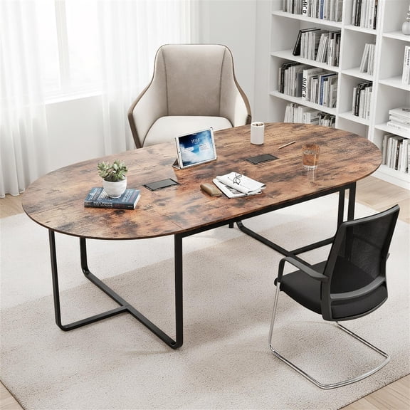 Spaco 95 Inch Oval Industrial Executive Meeting Table Dual Wire Holes T-Shaped Metal Legs Adjustable Feet Pads 265 LBS Load Capacity Meeting Desk, Rustic Brown (No Chairs)