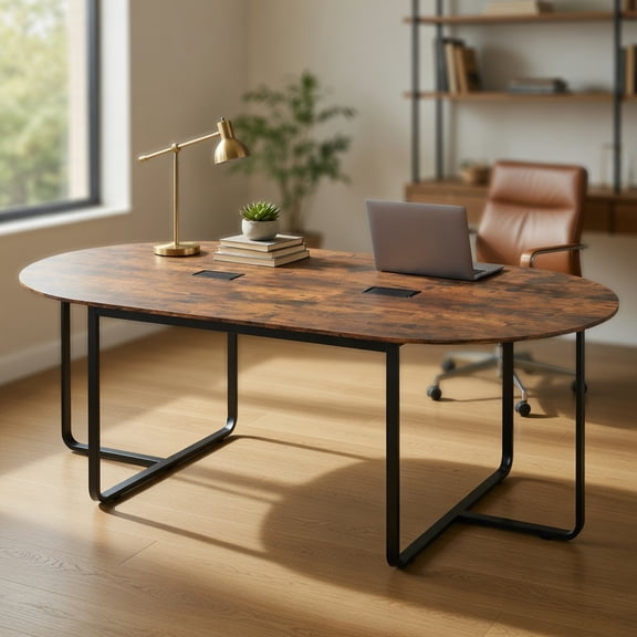 Spaco 95 Inch Oval Industrial Manager Meeting Desk Dual Cable Ports T-Shape Metal Legs Adjustable Feet 265 LBS Weight Capacity Conference Table, Rustic Brown (No Chairs)