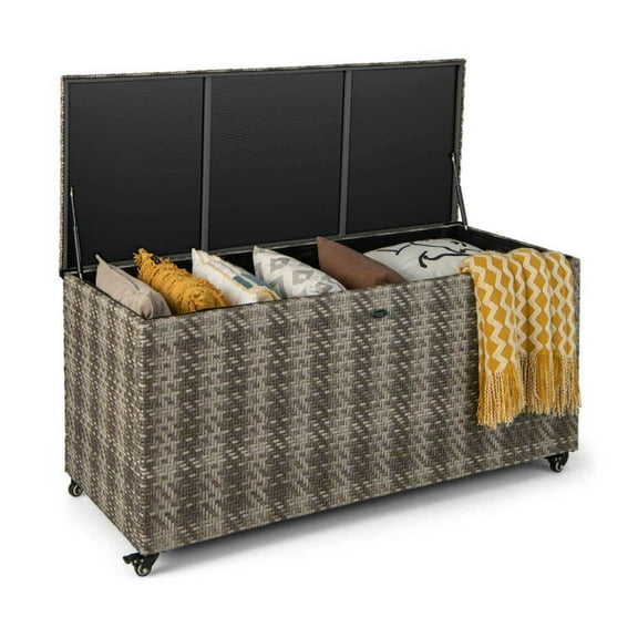 Spaco 96 Gallon PE Wicker Outdoor Storage Box with 4 Wheels, Deck Box for Outdoor, Gray
