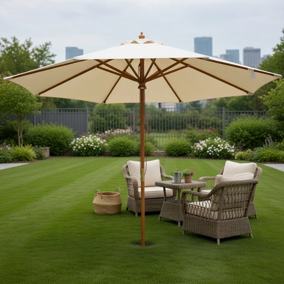 Spaco 9FT Bamboo Rib Patio Umbrella, 8 Heavy Duty Bamboo Rib Ventilated Wind Resistant Canopy, Poolside Dining Outdoor Sun Shade, Beige Brown Navy Natural