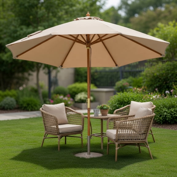 Spaco 9FT Natural Bamboo Patio Umbrella, 8 Bamboo Ribs Ventilated Design Weather Resistant Canopy, Backyard Garden Leisure Umbrella, Beige Brown Navy Natural