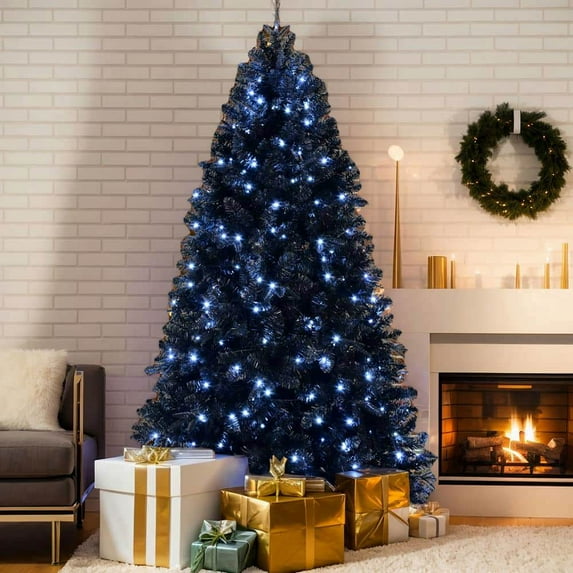 Spaco Artificial 4FT LED-lit Christmas Tree with 666PE/PVC Mixed Branch Tips, Christmas Tree with Hinged Premium & Foldable Base for Indoor Holiday Decoration, Black