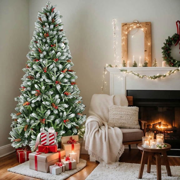Spaco Artificial 5ft Christmas Tree with 1113PE/PVC Mixed Branch Tips and Red Fruit, Christmas Tree with Hinged Premium & Foldable Base for Indoor Holiday Decorating, Green