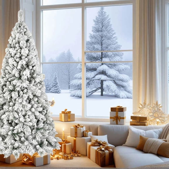 Spaco Artificial 8FT Flock LED-Lit Christmas Tree with 1445PVC/Hard Needle Mixed Branch Tips, Christmas Tree with Hinged Premium & Foldable Base for Indoor Holiday Decoration, Green+White