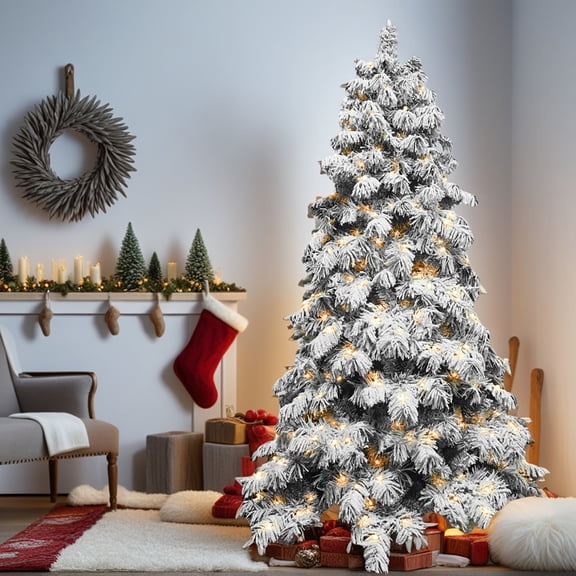 Spaco Artificial 8FT Flock LED-lit Christmas Tree with 1242PE/PVC Mixed Branch Tips, Christmas Tree with Hinged Premium & Foldable Base for Indoor Holiday Decoration, Green+White