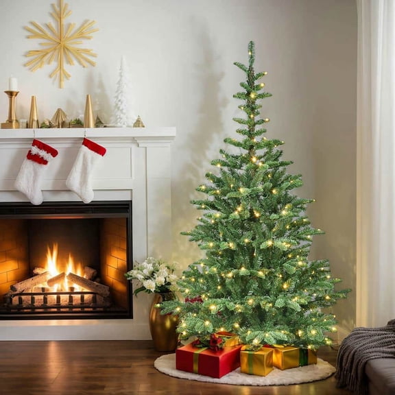 Spaco Artificial 8FT LED-lit Christmas Tree with 1307PE/PVC Mixed Branch Tips, Christmas Tree with Hinged Premium & Foldable Base for Indoor Holiday Decoration, Green