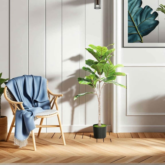 Spaco Artificial Fiddle Leaf Fig Tree with Flocked Soil, 43" Potted Plant for Indoor as Living Room, Bedroom, Green